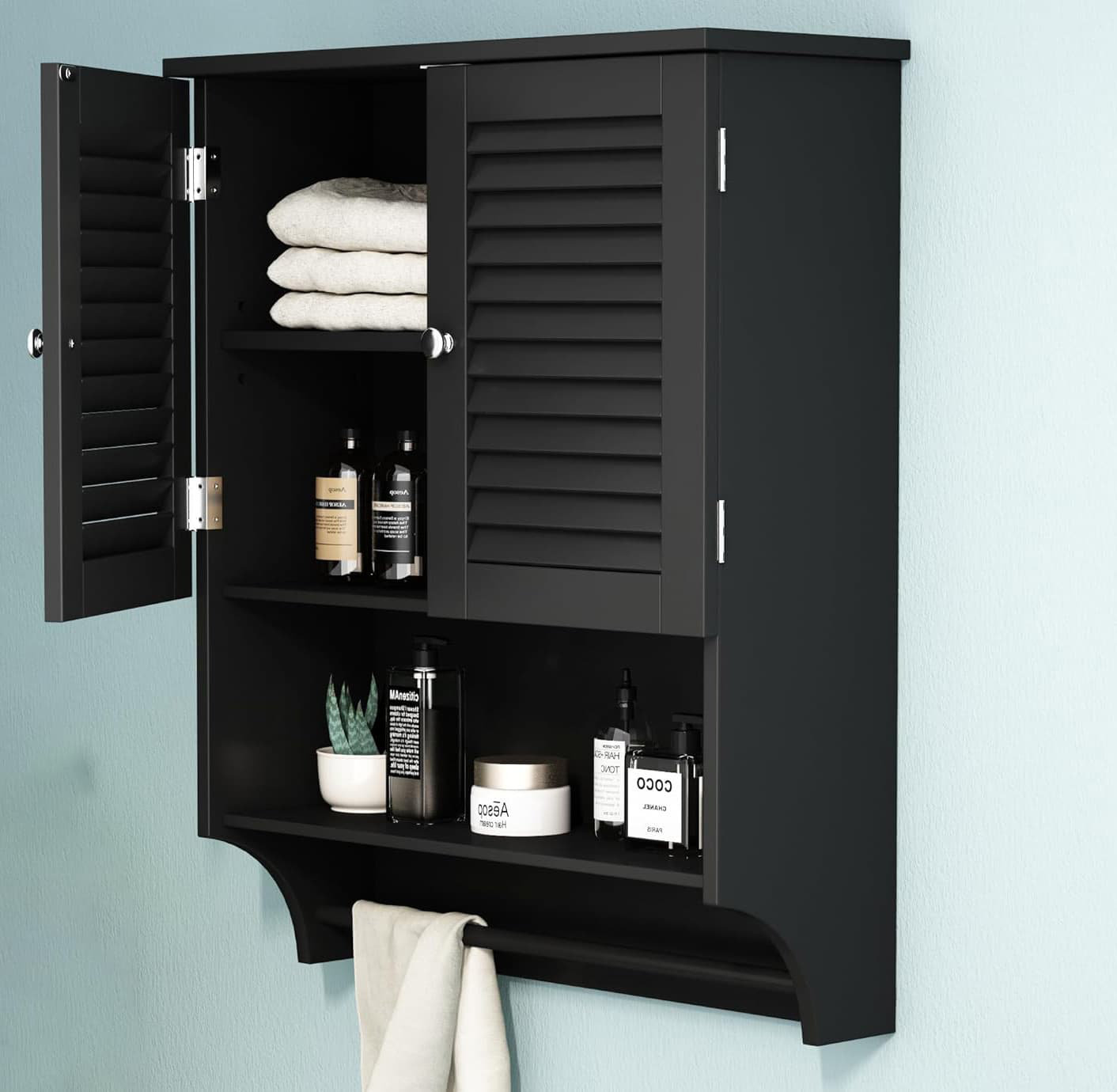 Winston Porter Black Bathroom Wall Cabinet with Towels Bar - 23.6" L x ...